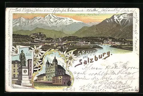 Lithographie Salzburg, Stadtansicht von Maria Plein, Mozart-Denkmal, Wallfahrtskirche Maria Plain
