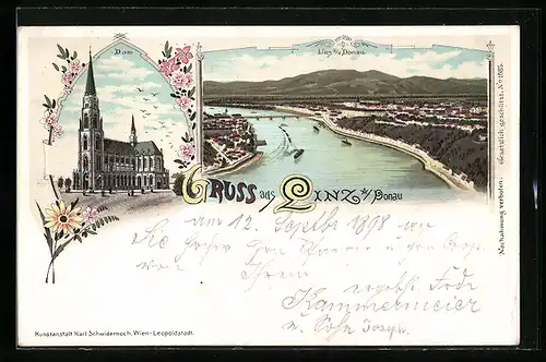 Lithographie Linz an d. Donau, Gesamtansicht und Dom