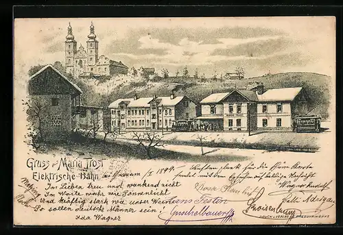 Lithographie Maria Trost, Bahnhof Elektrische Bahn und Kirche, Strassenbahn