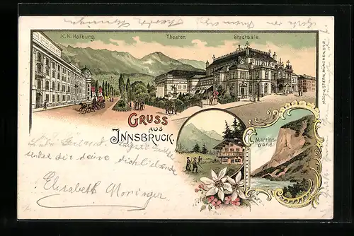 Lithographie Innsbruck, K. K. Hofburg mit Theater und Stadtsälen, Martinswand, Ortspartie