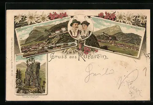 Lithographie Kufstein, zwei Ortsansichten, Paar in Tracht, Teufelskanzel