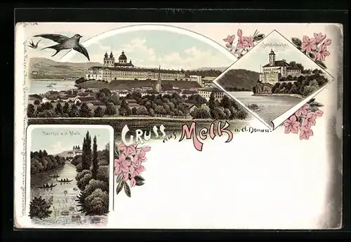 Lithographie Melk a. d. Donau, Ortsansicht, Schönbühel, Partie a. d. Melk