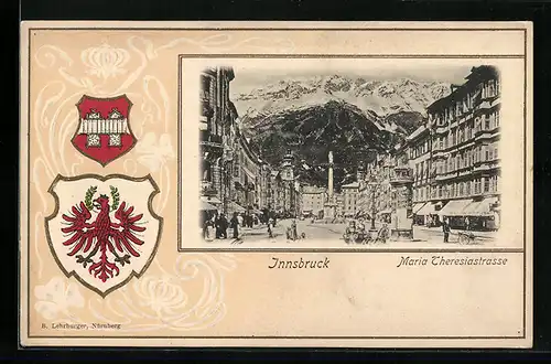 Passepartout-Lithographie Innsbruck, Maria Theresiastrasse mit Säulendenkmal, Wappen