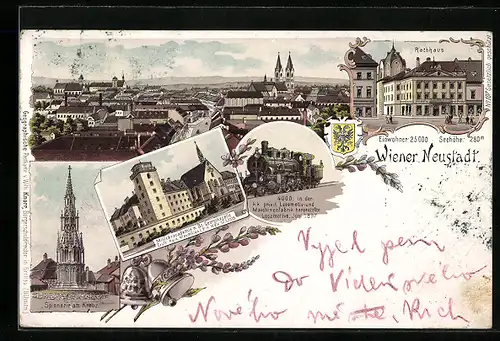 Lithographie Wiener Neustadt, Rathaus, Militärakademie m. St. Georgskapelle, Panorama