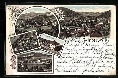 Lithographie Hinterbrühl, Gesamtansicht, an der Holdrichsmühle, die Kirche, Hotel Paulinenhof