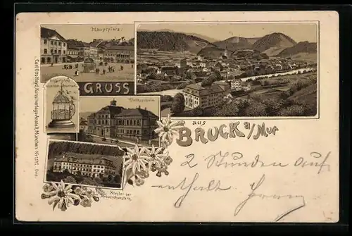 Lithographie Bruck an der Mur, Hauptplatz, Totalansicht, Volksschule, Kloster der Kreuzschwestern