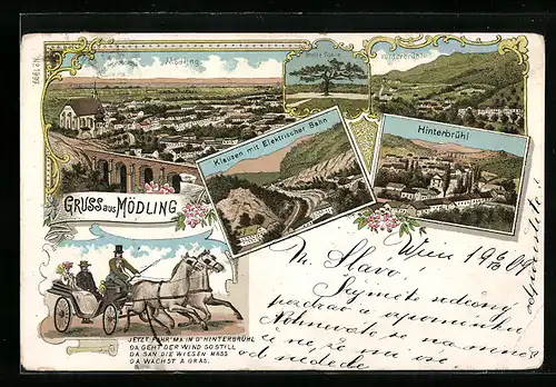 Lithographie Mödling, Gesamtansicht, Kutscher, Breite Föhre