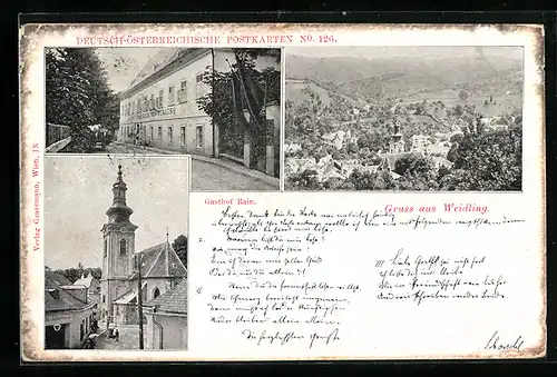 AK Weidling, Ortsansicht, Kirche und Gasthof Rain
