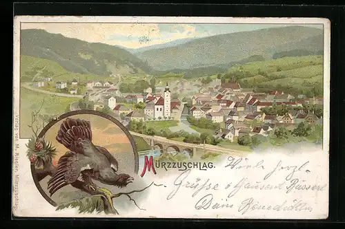 Lithographie Mürzzuschlag, Totalansicht aus der Vogelschau, Auerhahn