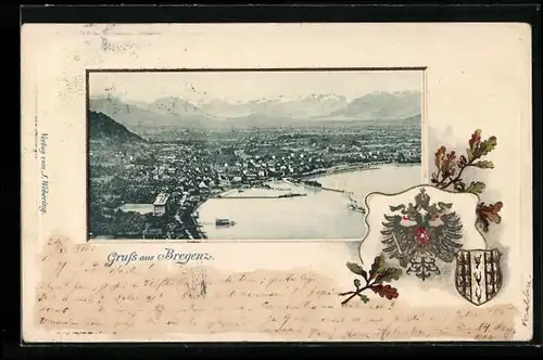 AK Bregenz, Panoramablick auf Stadt und Alpen