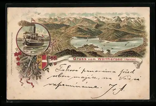 Lithographie Maria Wörth, Panorama mit Dampfer Helios und Wappen