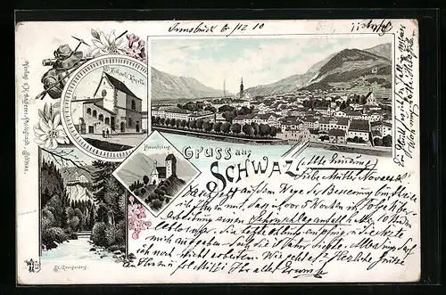 Lithographie Schwaz, St. Michaels-Kapelle, St. Georgenberg, Freundsberg, Totalansicht