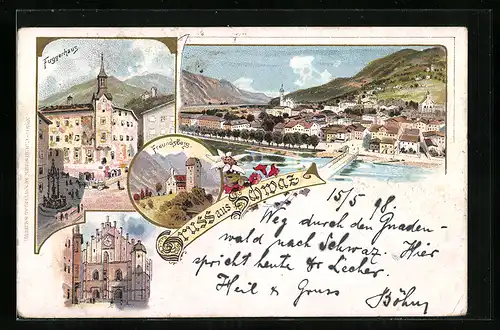 Lithographie Schwaz, Fuggerhaus, Freundsberg, Totalansicht