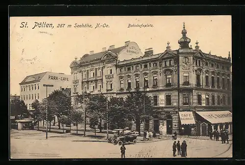 AK St. Pölten, Bahnhofsplatz mit Hotel Bahnhof und Park-Cafe