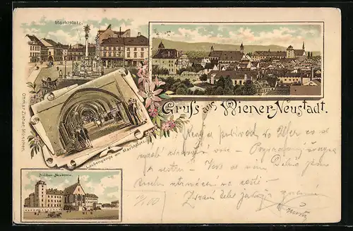 Lithographie Wiener-Neustadt, Teilansicht, Marktplatz, Laubengänge