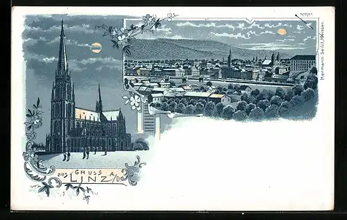 Lithographie Linz a. D., Ortsansicht und Dom