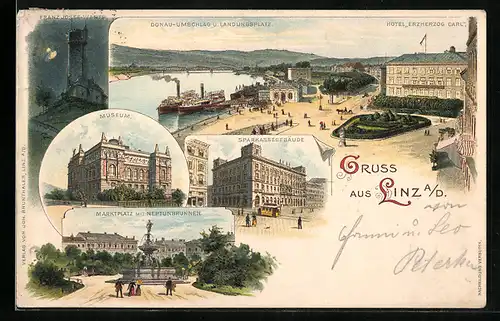 Lithographie Linz /Donau, Hotel Erzherzog Carl, Donau-Umschlag- und Landungsplatz, Museum