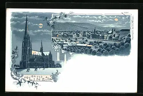 Lithographie Linz a. D., Ortsansicht und Dom