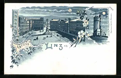 Lithographie Linz a. D., Hauptplatz, Franz Josefs-Warte