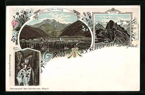 Lithographie Mayrhofen im Zillerthal, Stilupp-Klamm, Ahornspitze, Ortsansicht mit Grünberg