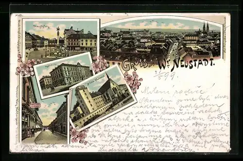 Lithographie Wiener Neustadt, Militärakademie, Realschule, Wiener Strasse
