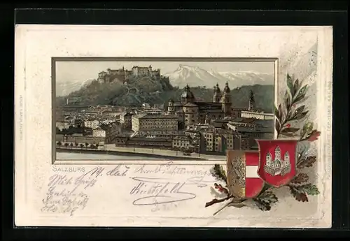 AK Salzburg, Stadtansicht mit Wappen