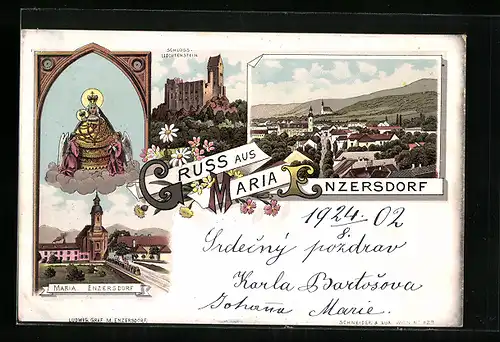 Lithographie Maria Enzersdorf, Schloss Lichtenstein, Ortspartie, Totalansicht