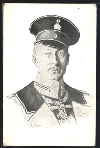 Künstler-AK Kronprinz Wilhelm von Preussen in Uniform mit Schirmmütze