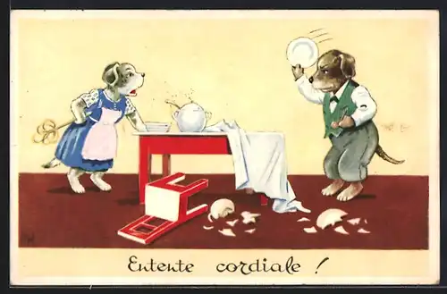 Künstler-AK Willi Scheuermann: Vermenschlichte Hunde streiten sich als Ehepaar u. zerschlagen Geschirr, Entente cordiale