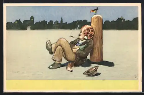 Künstler-AK Willi Scheuermann: Hund schläft mit Zigarette im Maul