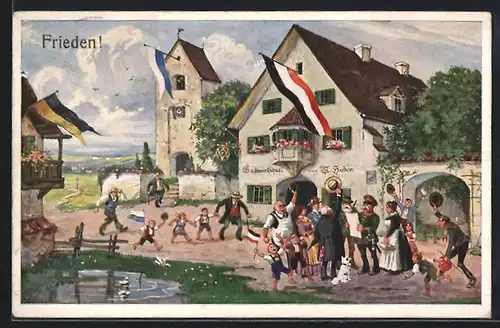 Künstler-AK Ernst Schlemo: Mann verkündet im Dorf das Ende des Krieges: Frieden!