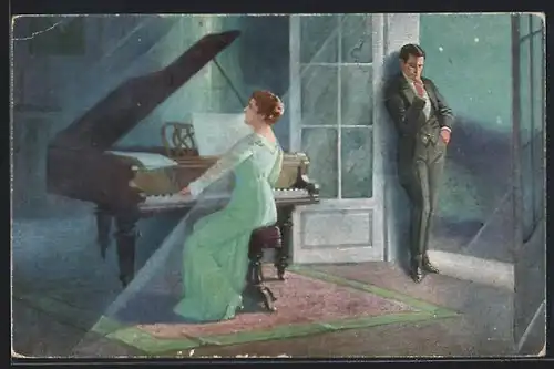 Künstler-AK F.Schlemo: Sein Lieblingslied, der Mann lauscht dem Klavierspiel der Frau