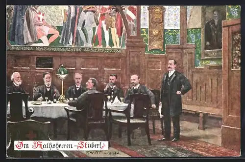 Künstler-AK F. Witt: Wien, Gasthaus Ratsherren-Stüberl, Innenansicht