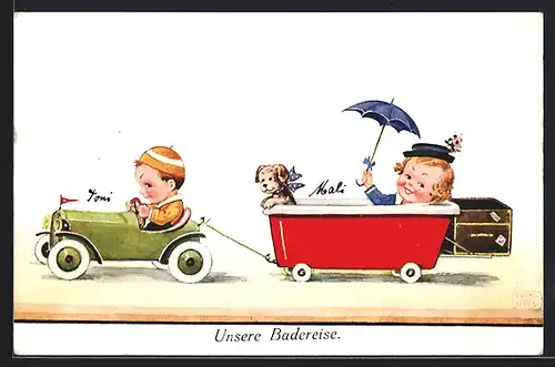 Künstler-AK John Wills: Unsere Badereise, Junge im Auto mit Badewanne als Anhänger
