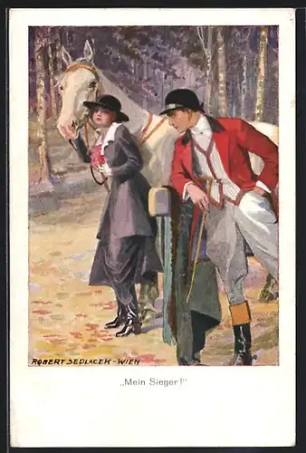 Künstler-AK Robert Sedlacek: Mein Sieger, Junges Paar beim Ausritt mit Pferd