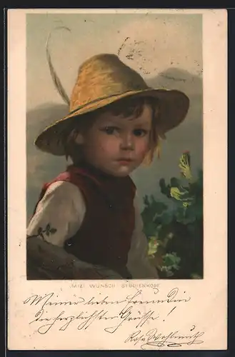 Künstler-AK Mizi Wunsch: Studienkopf, kleiner Junge mit Strohhut