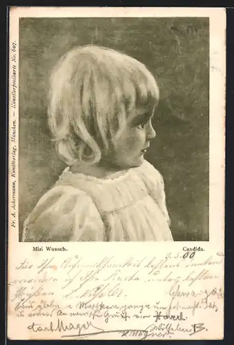 Künstler-AK Mizi Wunsch: Candida, seitliches Portrait eines kleinen blonden Mädchens