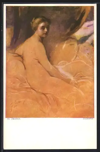 Künstler-AK Franciszek Zmurko: Nackte Dame liegt in den Kissen