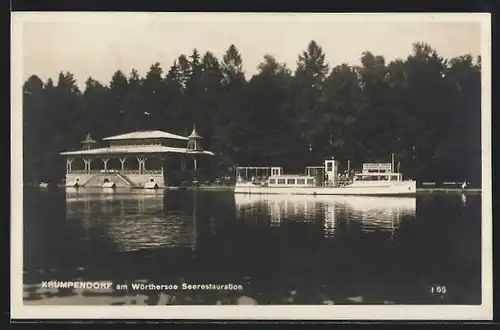 AK Krumpendorf, Seerestauration am Wörthersee, Dampfer am Anlegeplatz