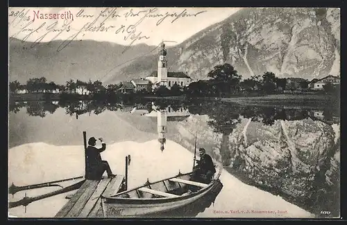 AK Nassereith, Blick über den See zur Kirche, Ruderboot