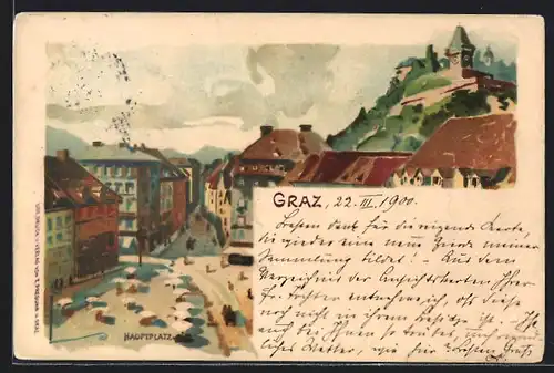 Lithographie Graz, Hauptplatz aus der Vogelschau