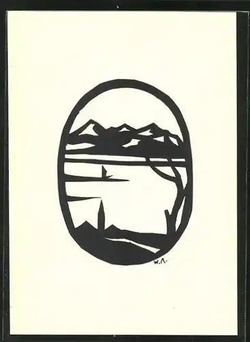 Künstler-AK Landschaftsmotiv in den Bergen, Scherenschnitt