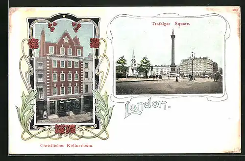 Passepartout-AK London, Trafalgar Square, Christliches Kellnerheim