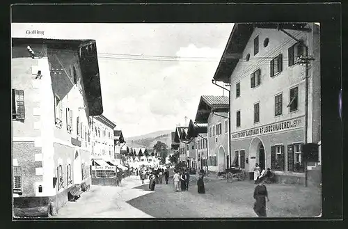 AK Golling, Strassenpartie am Gasthaus Frickh und Gasthof Alte Post