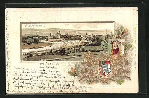 Passepartout-Lithographie Aschaffenburg, Panorama mit Wappen