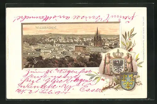 Passepartout-Lithographie Wiesbaden, Stadtansicht im Abendlicht, Wappen
