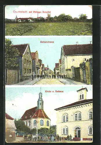 AK Crumstadt, Philipps Hospital, Kaiserstrasse, Kirche und Rathaus