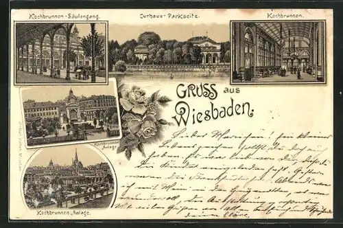 Lithographie Wiesbaden, Curhaus, Kochbrunnen