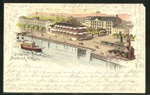 Lithographie Biebrich a. Rhein, Blick auf Hotel Nassau