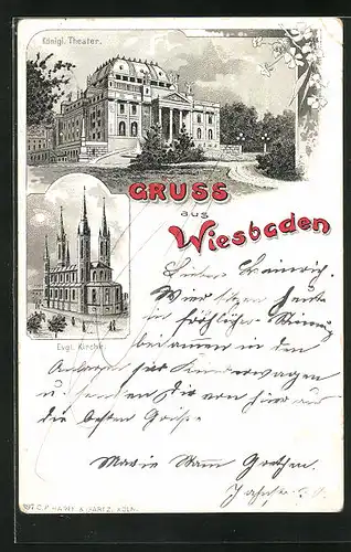 Lithographie Wiesbaden, Königl. Theater, Ev. Kirche